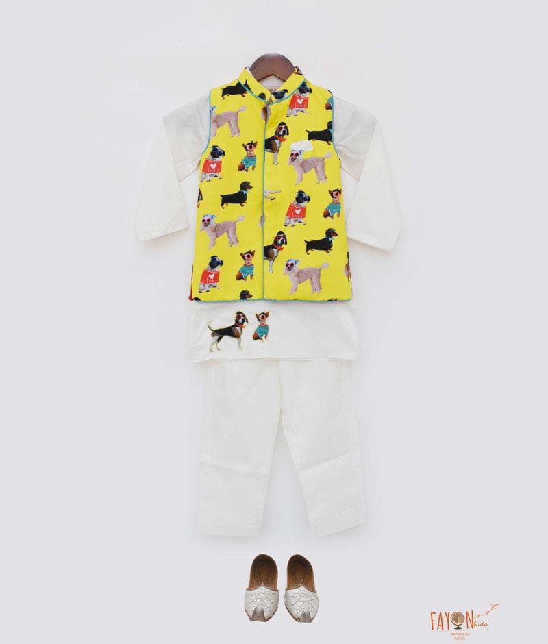 Printed Nehru Jacket with Off white Kurta Pant for Boys