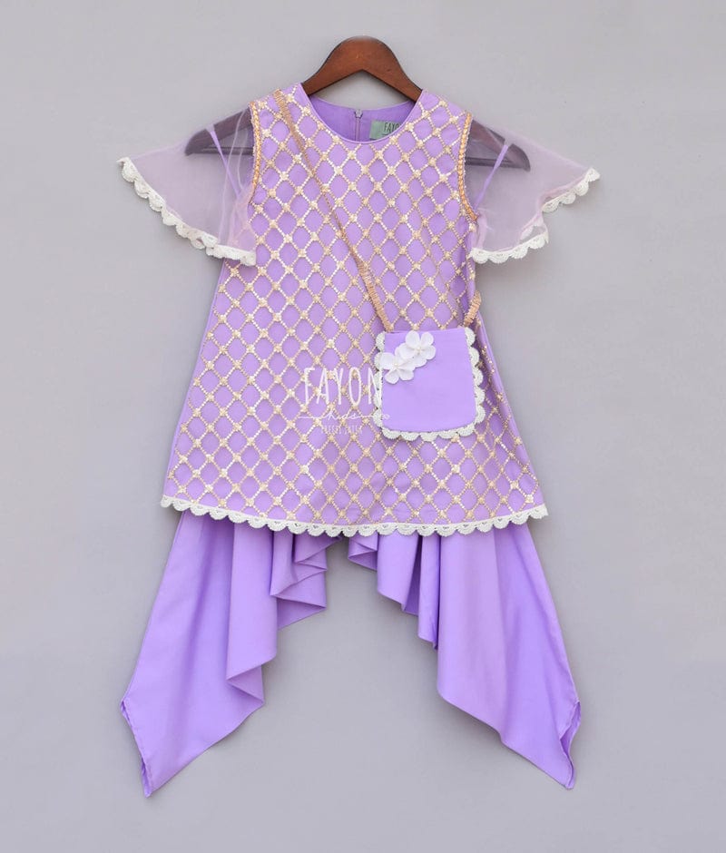 Purple Boti Net Dhoti Set for Girls