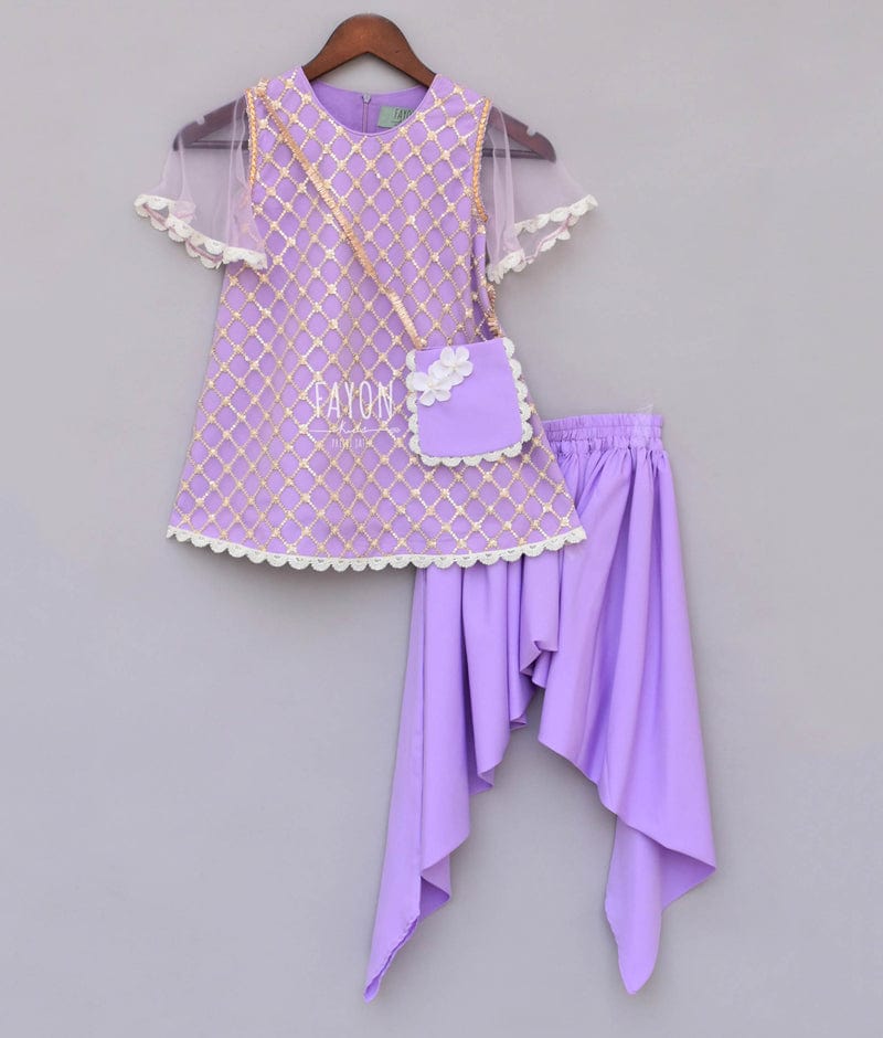 Purple Boti Net Dhoti Set for Girls