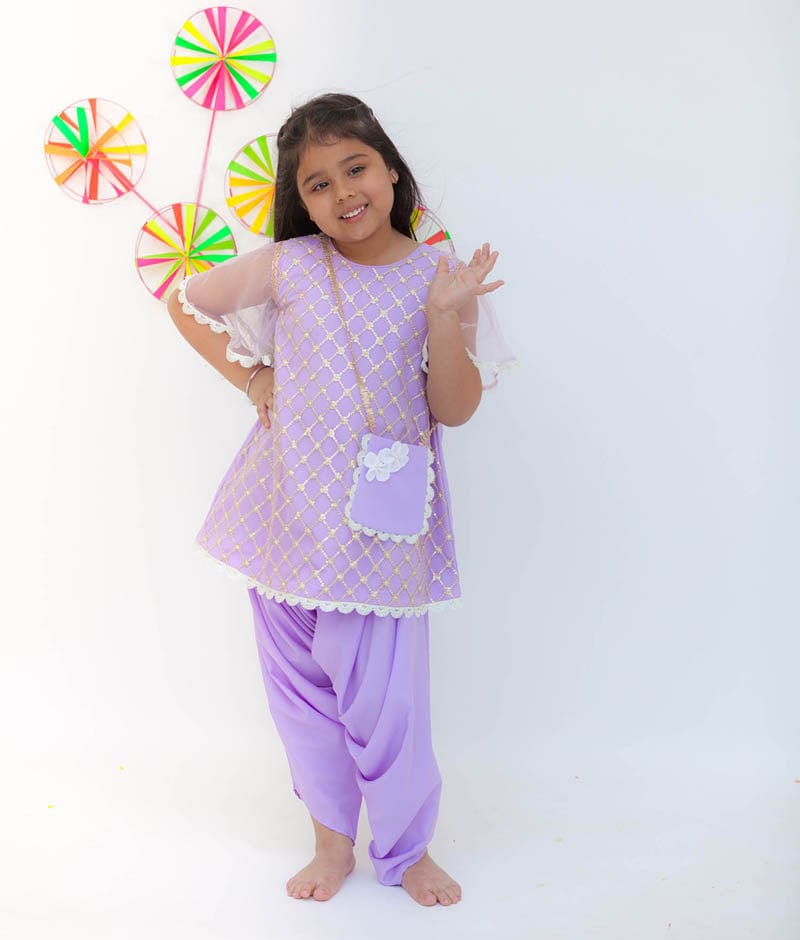 Purple Boti Net Dhoti Set for Girls
