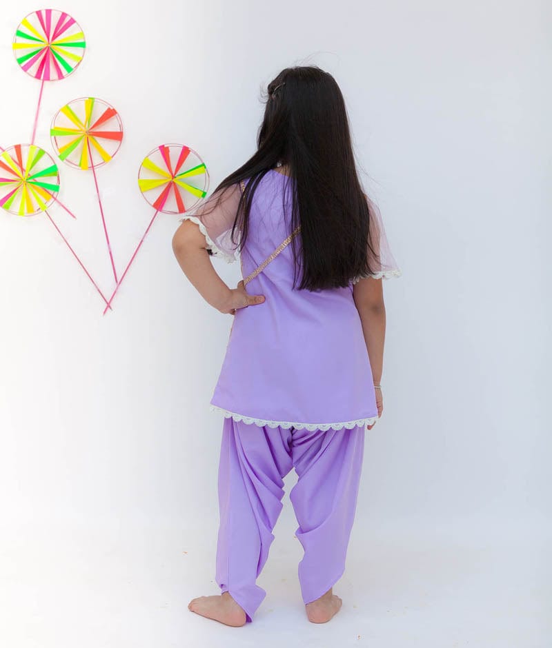 Purple Boti Net Dhoti Set for Girls