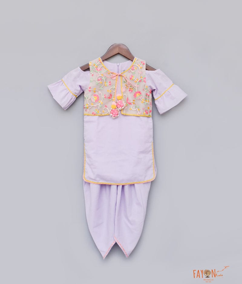 Purple Cotton Dhoti Set with Embroidery Jacket for Girls