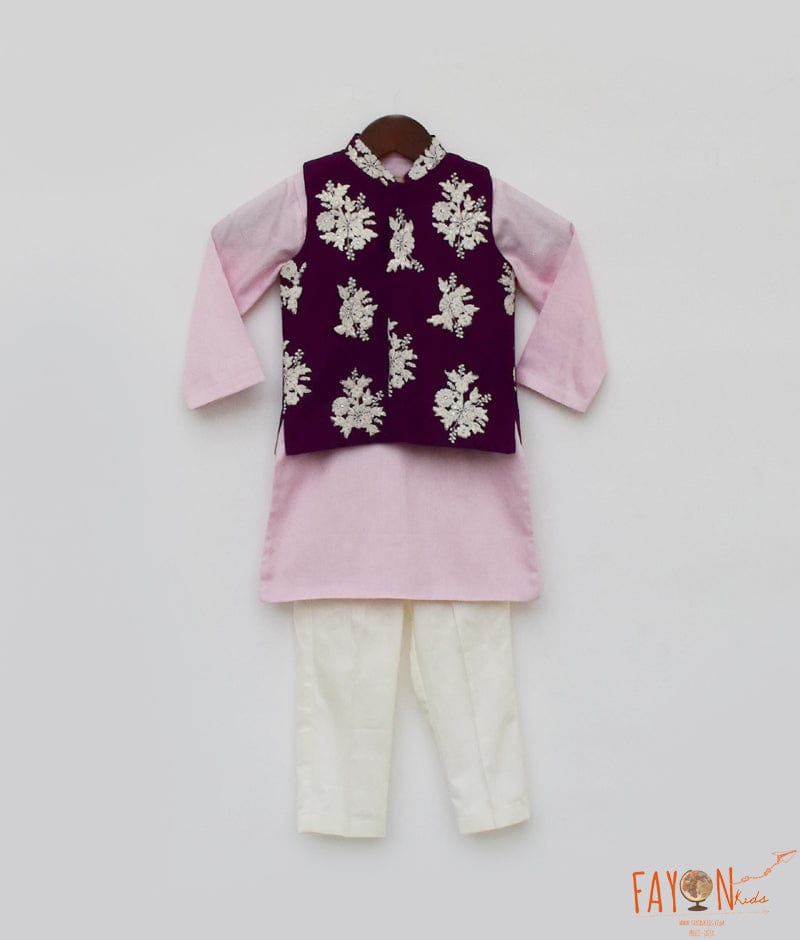 Purple Embroidery Nehru Jacket set for Boys