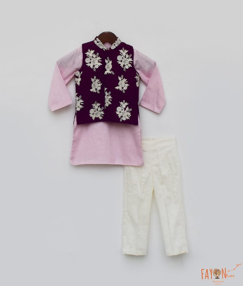Purple Embroidery Nehru Jacket set for Boys