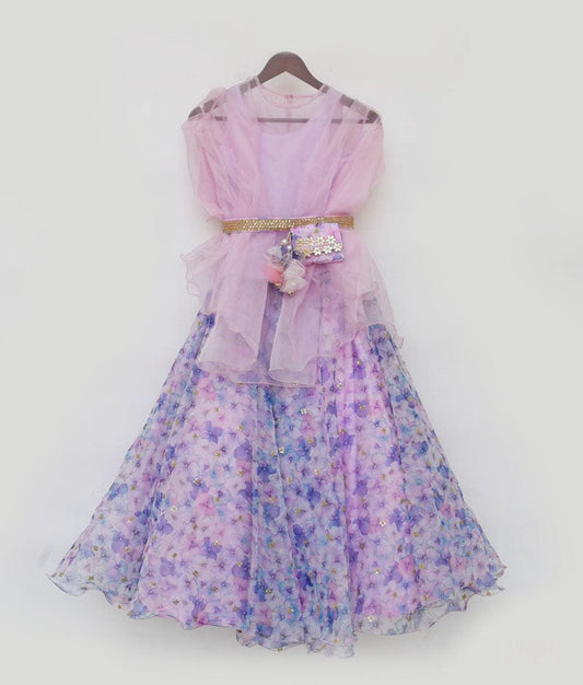 Purple Floral Print Organza Lehenga and Cape for Girls