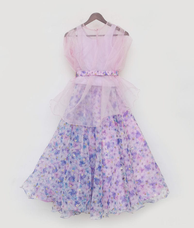 Purple Floral Print Organza Lehenga and Cape for Girls