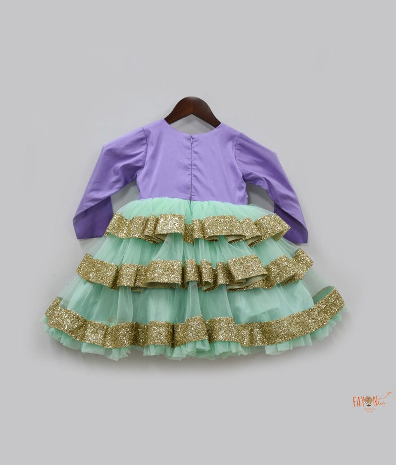 Purple Silk Aqua Green Net Frock for Girls