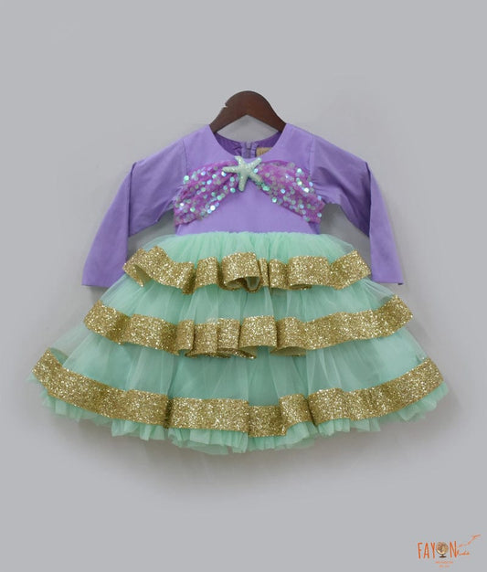Purple Silk Aqua Green Net Frock for Girls