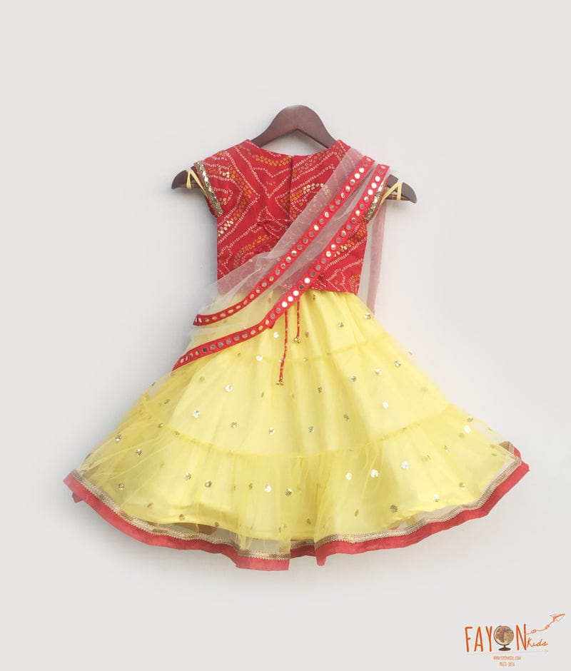 Red Bandhej Yellow Boti Net Lehenga with Choli Boti Net Dupatta for Girls