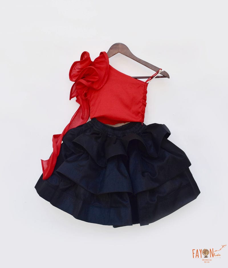 Red Black Silk Drape Crop Top with Skirt attached Frill for Girls