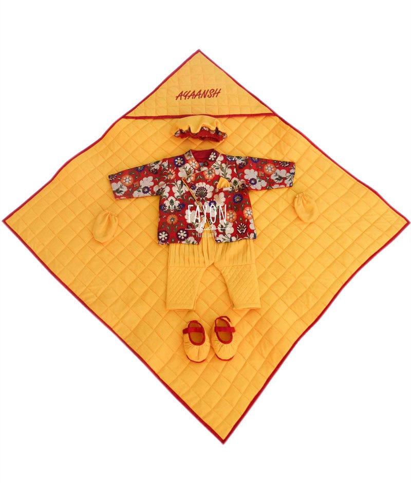 Red Brocade Ajkan Yellow Pant Jamna Set for Boys