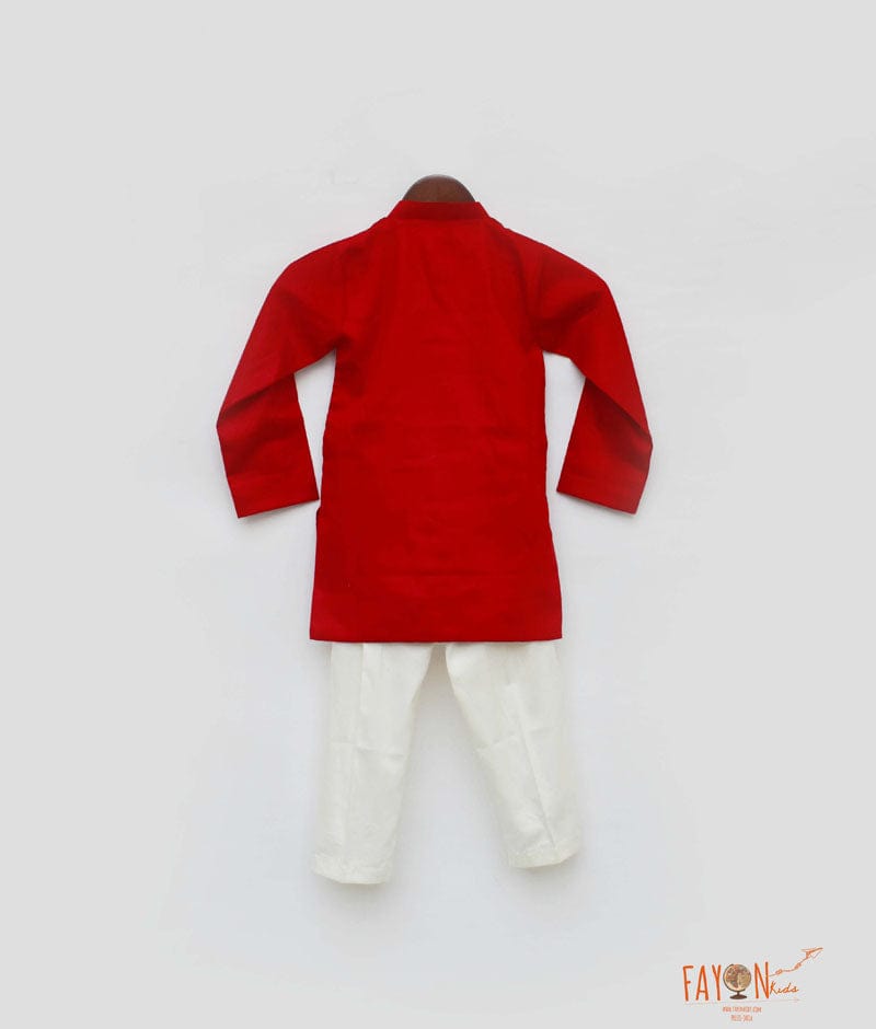 Red Cotton Silk Golden Embroidery Kurta with Off White Pant for Boys