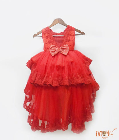 Fayon Kids Red Embroidery High Low Dress for Girls