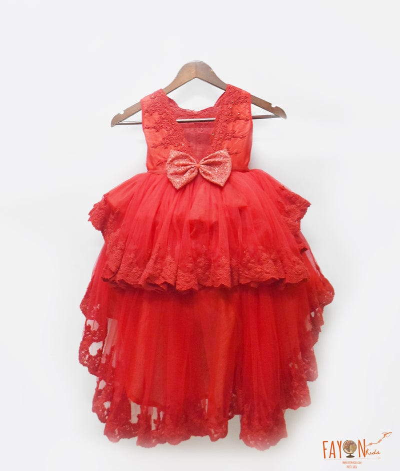 Red Embroidery High Low Dress for Girls