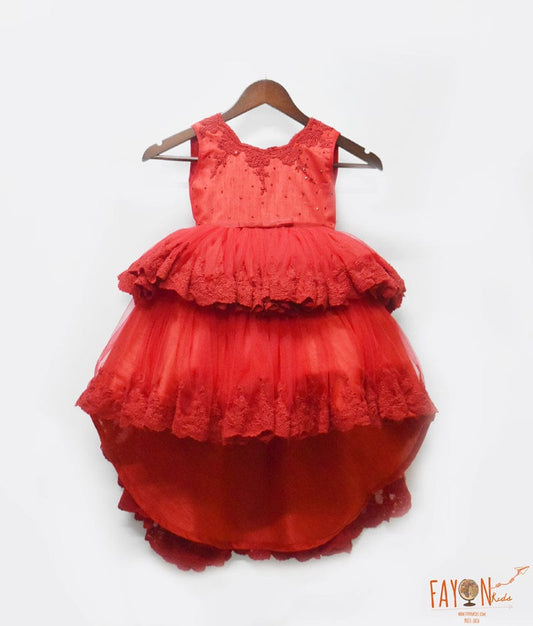 Red Embroidery High Low Dress for Girls