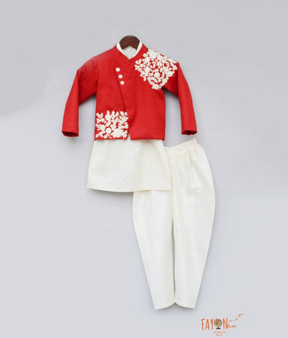 Fayon Kids Red Embroidery Jacket with Off white Kurta Chudidar for Boys