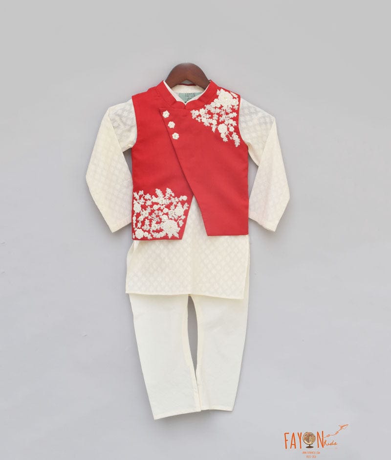 Fayon Kids Red Embroidery Nehru Jacket with Kurta Chudidar for Boys