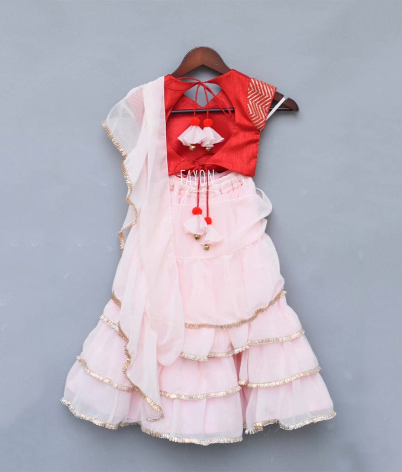 Red Embroidery Pastel Pink Georgette Saree with Choli for Girls