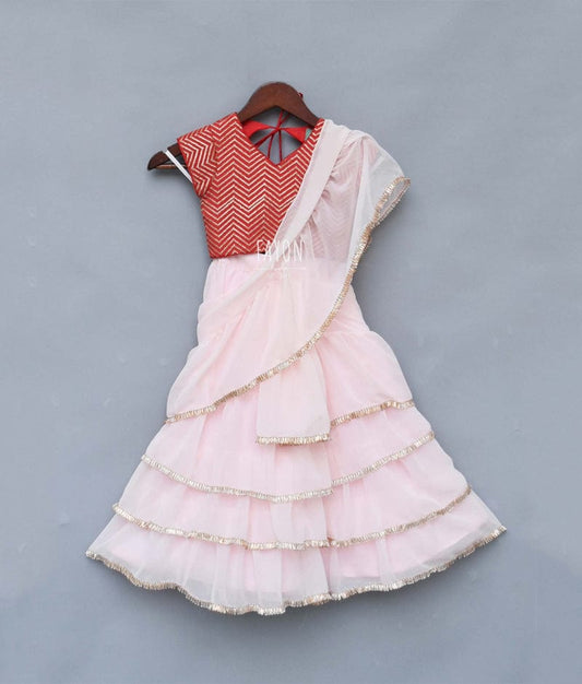 Red Embroidery Pastel Pink Georgette Saree with Choli for Girls