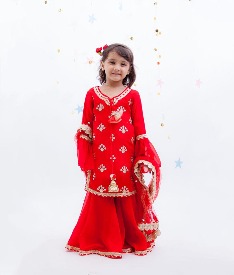 Red Embroidery Red Georgette Sharara with Kurti Boti Net Dupatta for Girls