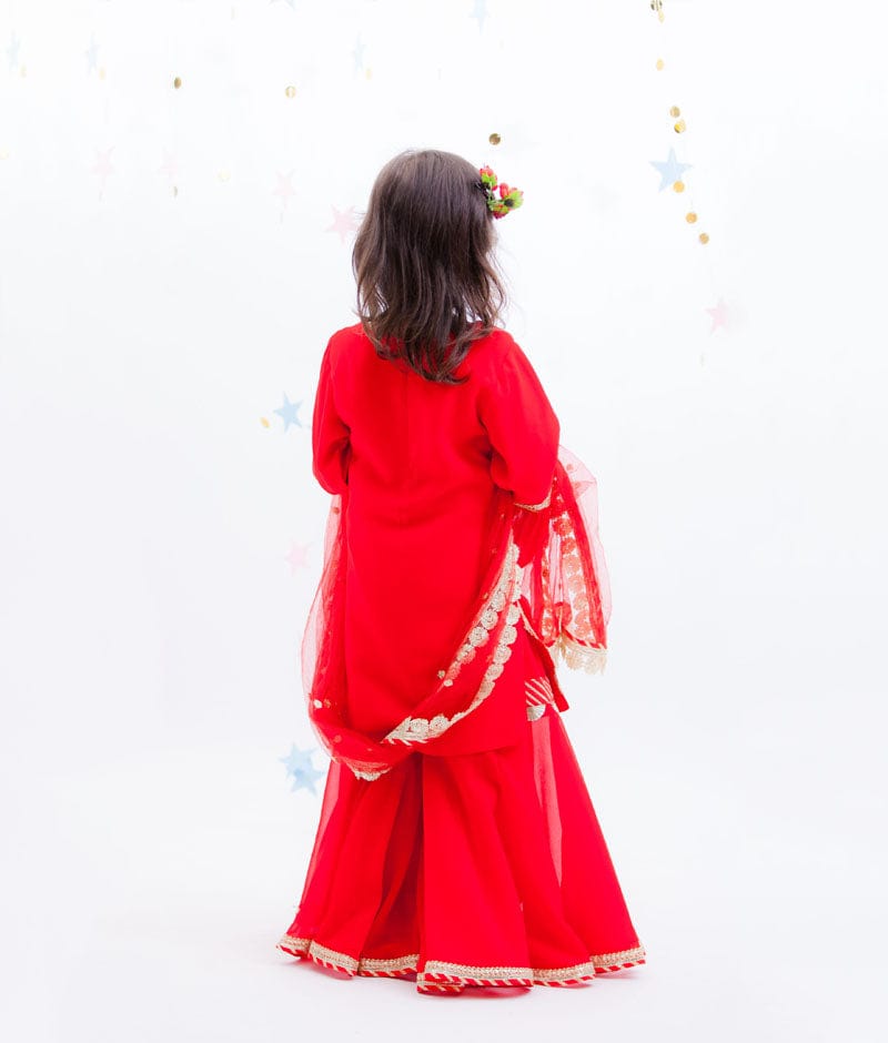 Red Embroidery Red Georgette Sharara with Kurti Boti Net Dupatta for Girls