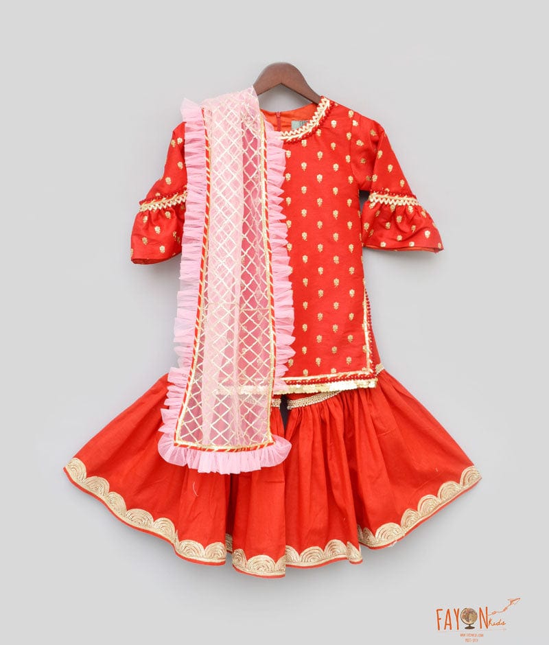 Red Embroidery Red Georgette Sharara with Kurti Frill Dupatta for Girls