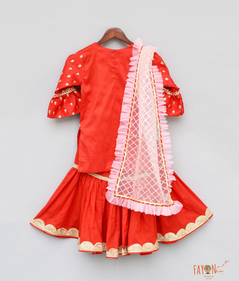 Red Embroidery Red Georgette Sharara with Kurti Frill Dupatta for Girls