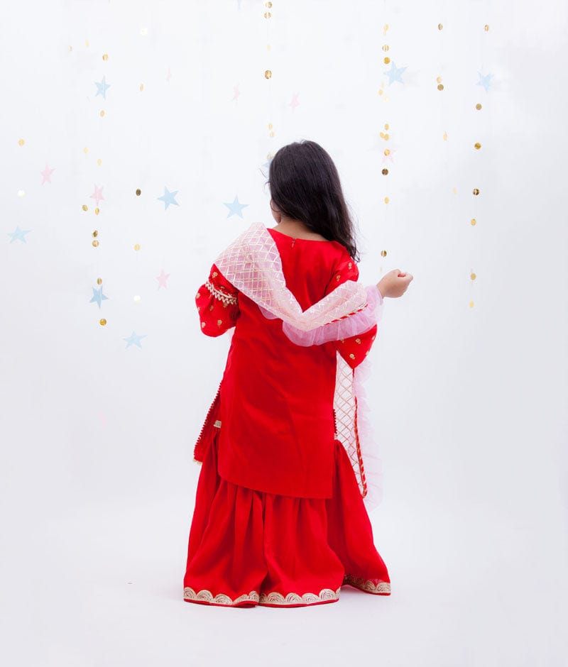 Red Embroidery Red Georgette Sharara with Kurti Frill Dupatta for Girls