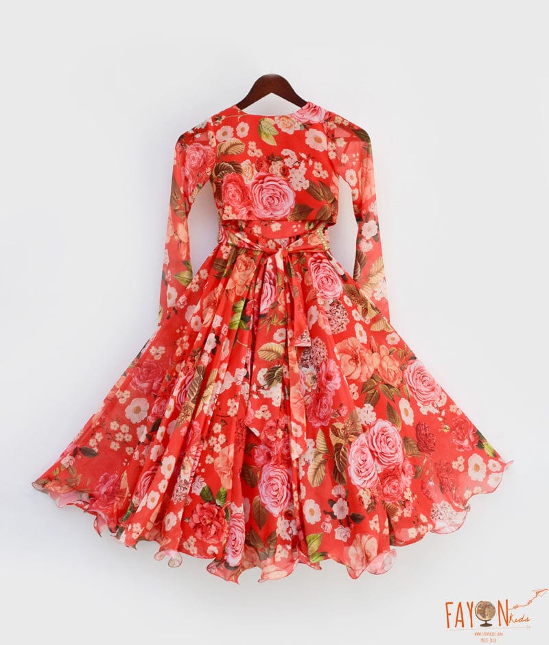 Red Floral Print Lehenga Choli for Girls