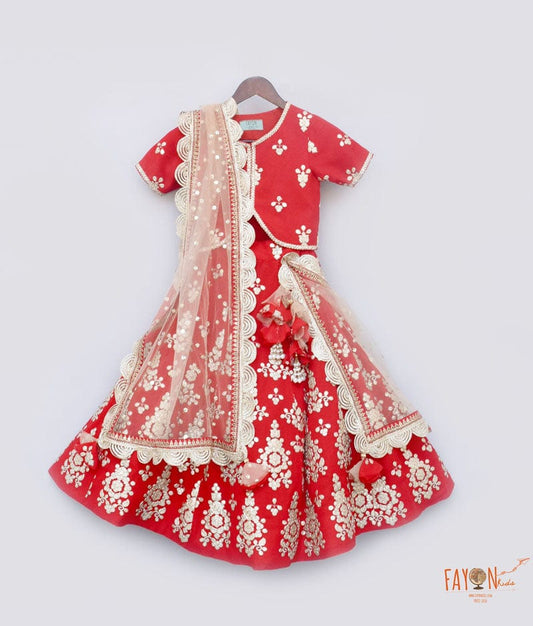 Red Gota Embroidery Lehenga with Choli Beige Boti Net Dupatta for Girls