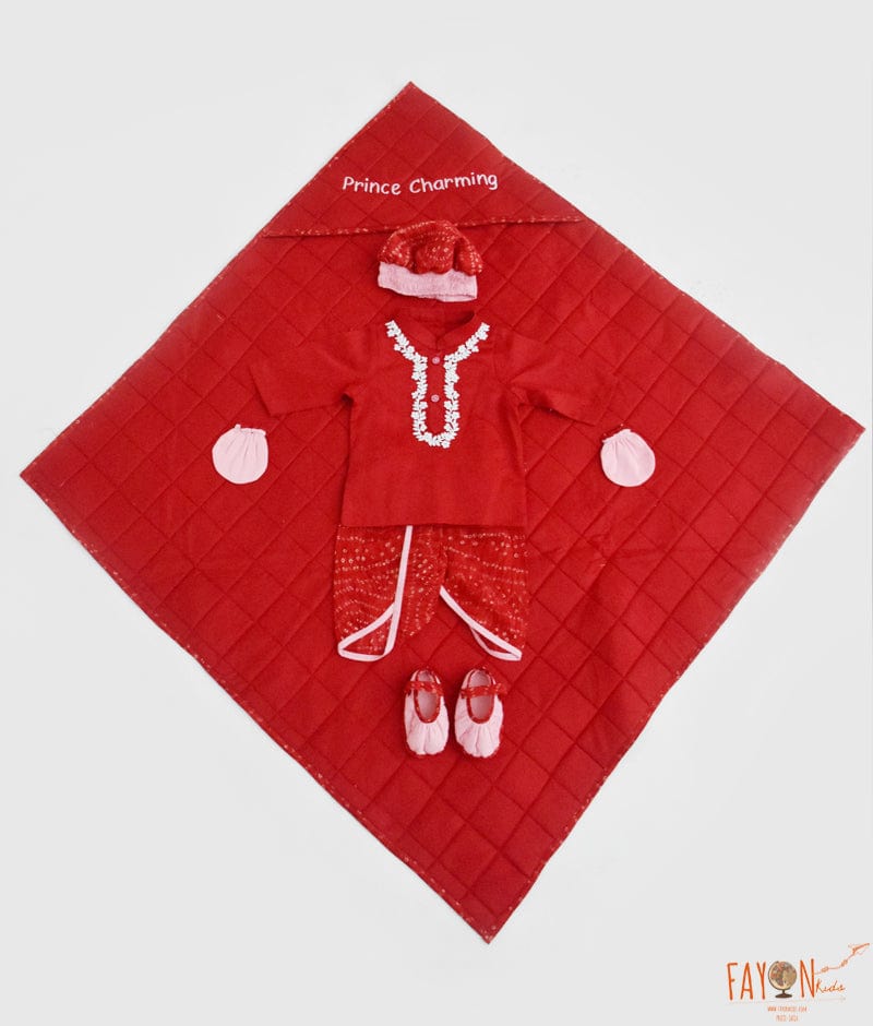 Red Jamna Set Red Bandhej Dhoti for Boys