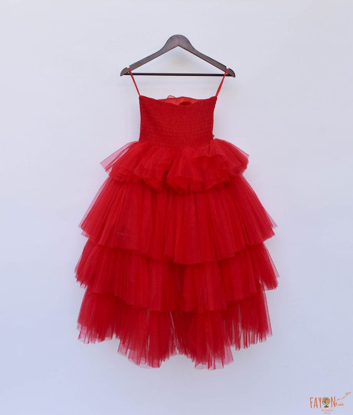 Fayon Kids Red Net High Low Dress for Girls
