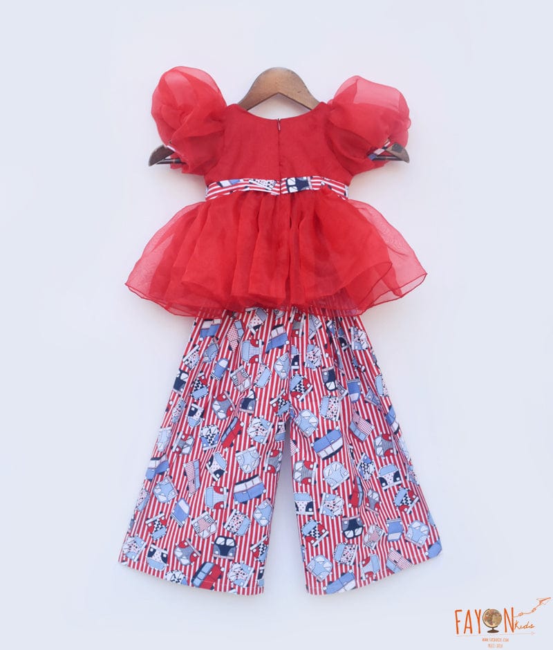 Red Organza Top and Printed Plazo Pant for Girls