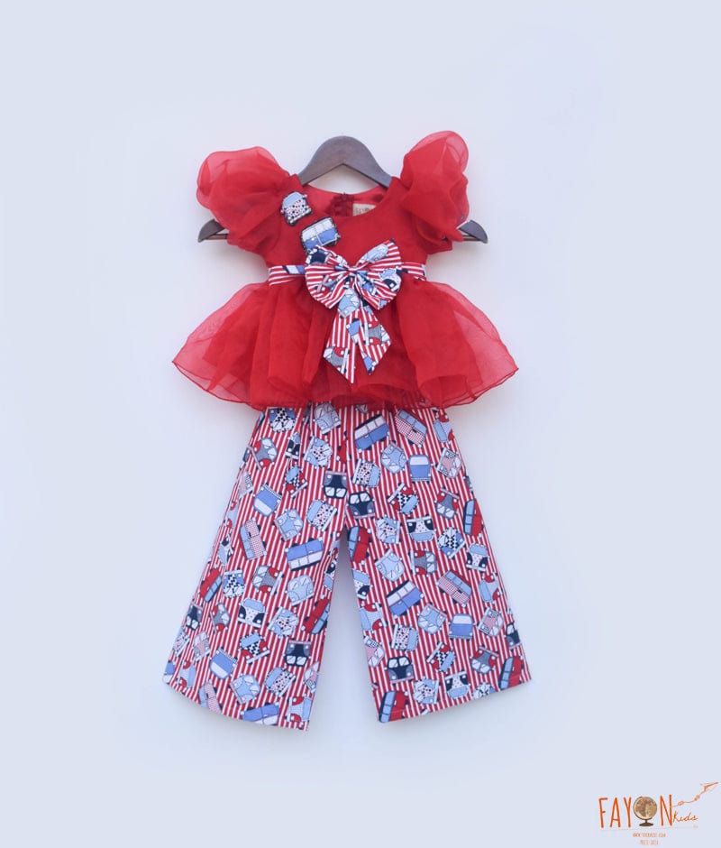 Red Organza Top and Printed Plazo Pant for Girls