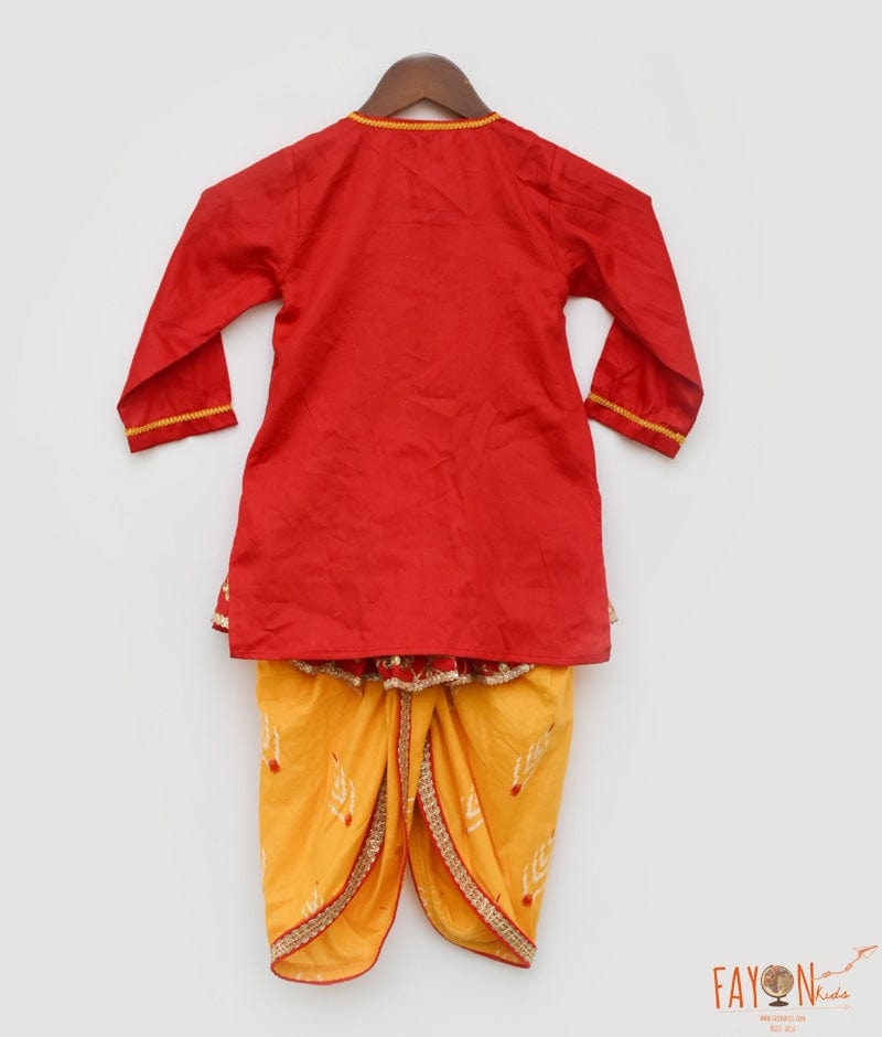 Red Silk Kurta and Yellow Print Dhoti for Boys
