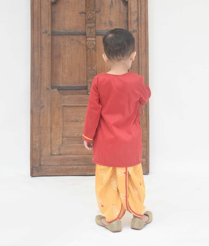 Red Silk Kurta with Yellow Printed Dhoti for Boys