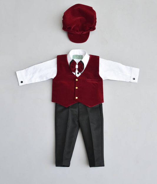 Red Velvet Waist Coat with White Shirt and Black Pant for Boys