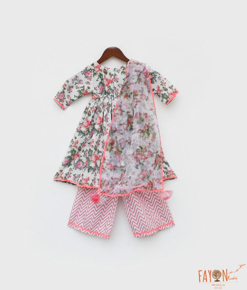 Rose Print Kurti and Plazo Pant for Girls