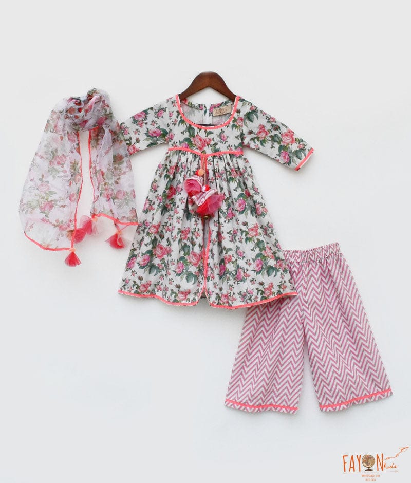 Rose Print Kurti and Plazo Pant for Girls