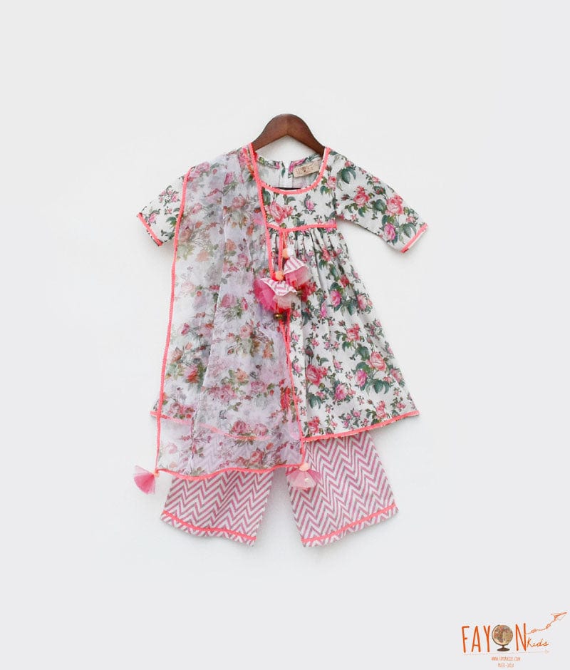 Rose Print Kurti and Plazo Pant for Girls