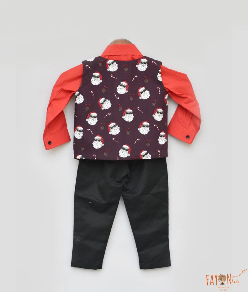 Santa Claus Print Waist Coat with Red Shirt and Black Pant for Boys