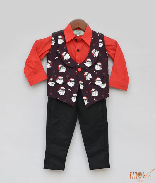 Santa Claus Print Waist Coat with Red Shirt and Black Pant for Boys
