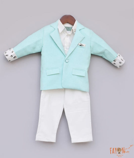 Sea Green Coat with White Shirt Pant for Boys
