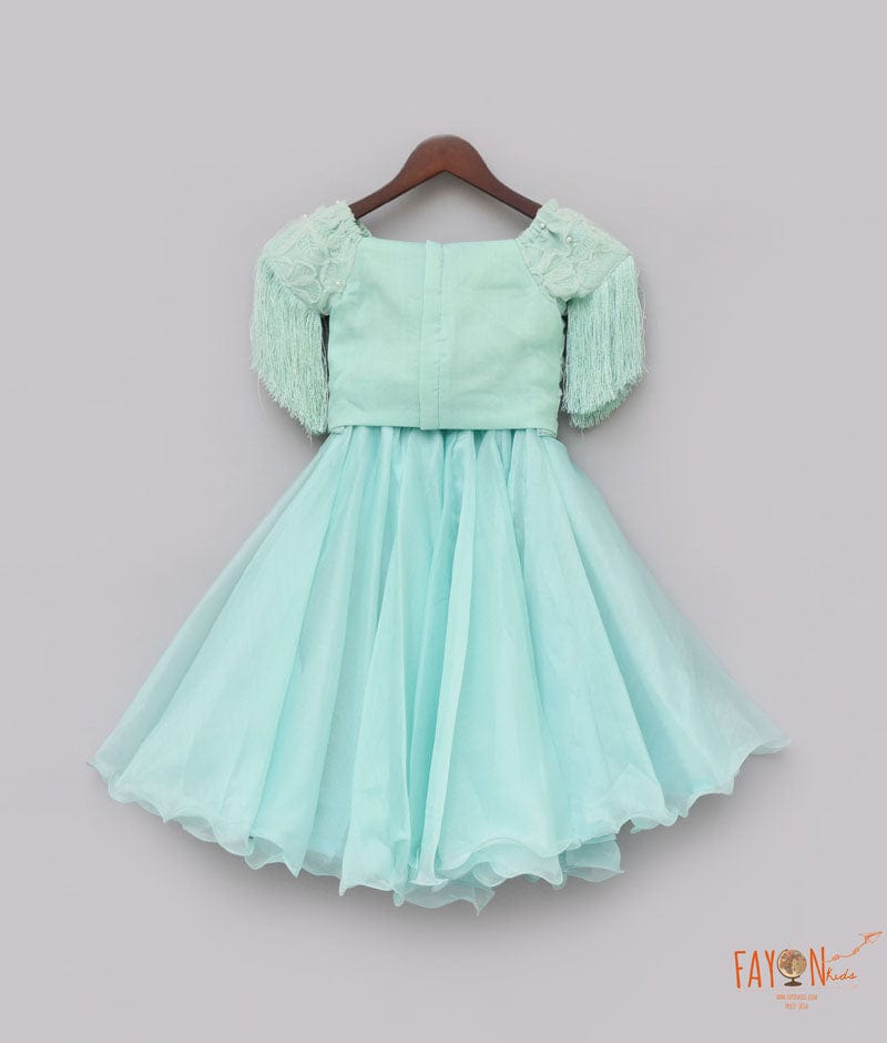 Sea Green Net Work Organza Crop Top with Skirt for Girls