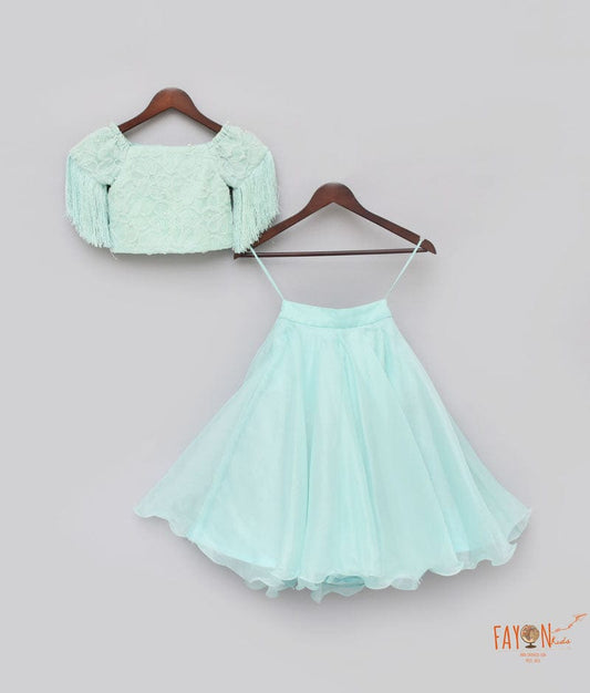 Sea Green Net Work Organza Crop Top with Skirt for Girls