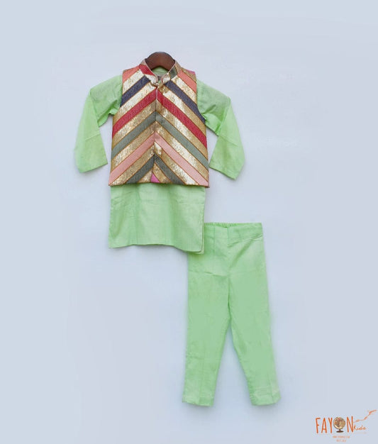 Sequins Embroidery Nehru Jacket Green Kurta Pant for Boys