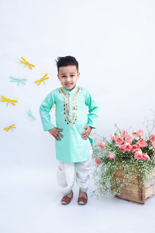 Fayon Kids Silk Aqua Green Kurta Dhoti Set for Boys