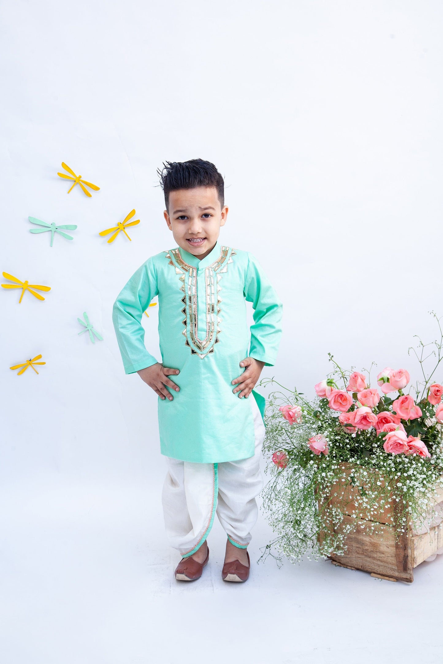 Silk Aqua Green Kurta Dhoti Set for Boys