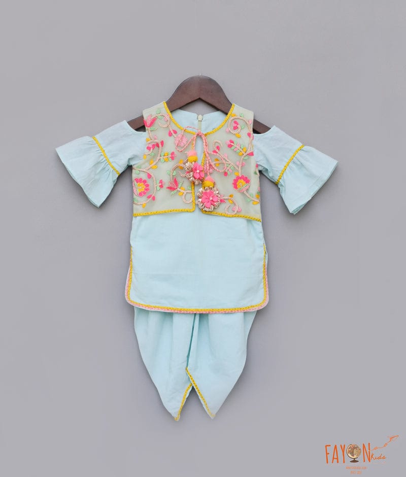 Sky Blue Cotton Dhoti Set with Embroidery Jacket for Girls