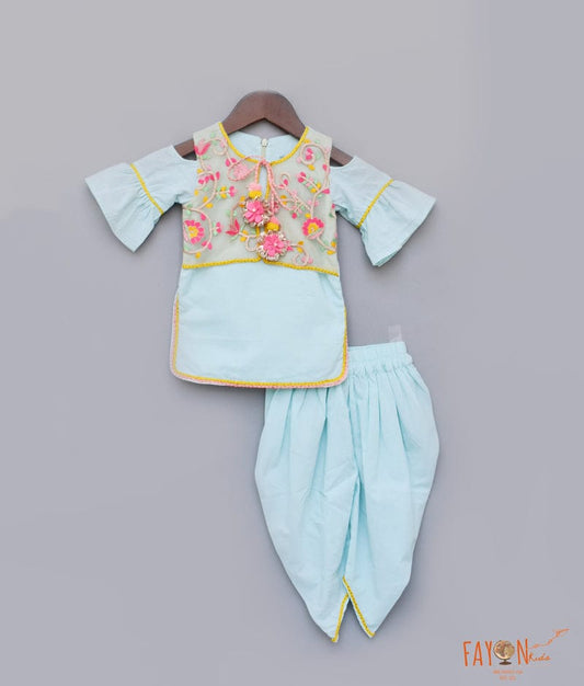 Sky Blue Cotton Dhoti Set with Embroidery Jacket for Girls